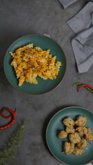 Assorted asian food on black background. Asian cuisine. Top view with copy space