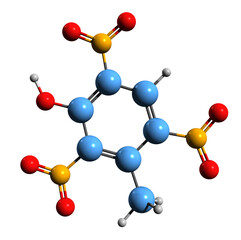 Obraz premium 3D image of Trinitrocresol skeletal formula - molecular chemical structure of explosive substance isolated on white background