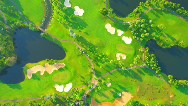 Drone flying over golf course in the morning with sunshine. Golf is a sport and hobby popular with the rich. meditative leisure activities. summer day. green background. 4K
