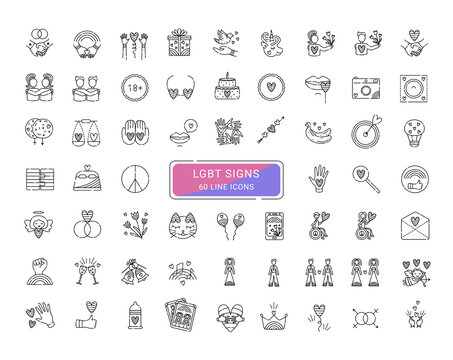 LGBT signs and symbols, 60 cute line vector icons