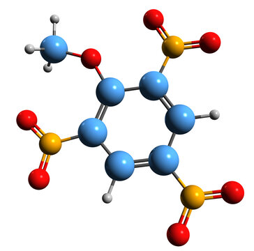  3D image of Trinitroanisole skeletal formula - molecular chemical structure of picric acid methyl ether isolated on white background