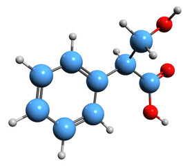  3D image of Tropic acid skeletal formula - molecular chemical structure of 2-Phenylhydracrylic acid isolated on white background
