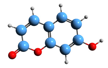  3D image of Umbelliferone skeletal formula - molecular chemical structure of oxyfurocoumarin isolated on white background
