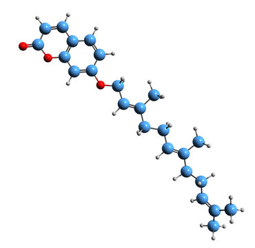 3D image of umbelliprein skeletal formula - molecular chemical structure of oxyfurocoumarin isolated on white background