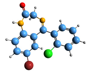  3D image of Phenazepam skeletal formula - molecular chemical structure of bromdihydrochlorphenylbenzodiazepine isolated on white background
