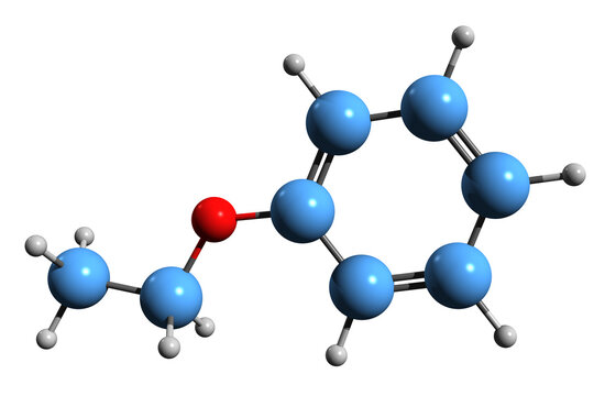  3D image of Ethyl phenyl ether skeletal formula - molecular chemical structure of Ethoxybenzene isolated on white background
