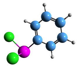 Obraz premium 3D image of Phenyldichloroarsine skeletal formula - molecular chemical structure of Phenylarsonous dichloride isolated on white background