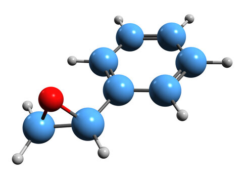 3D image of Styrene oxide skeletal formula - molecular chemical structure of Phenylethylene oxide isolated on white background