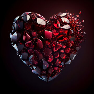 Shiny red ruby broken heart isolated on black background. Natural precious mineral stone artistic illustration. Decorative ruby crystal heart poster.
