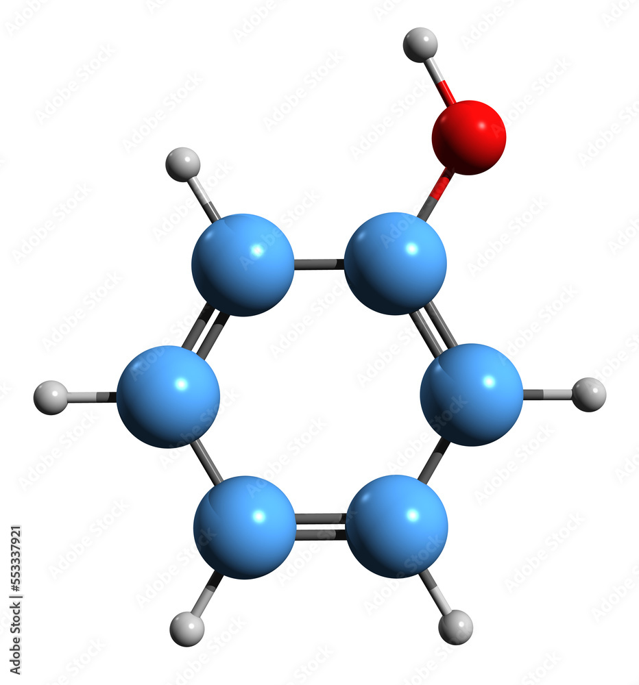 Sticker 3d image of phenol skeletal formula - molecular chemical structure of carbolic acid isolated on whit