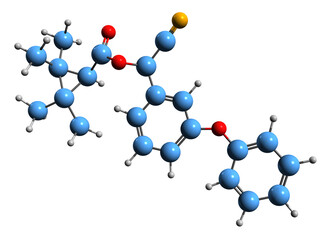  3D image of Fenpropathrin skeletal formula - molecular chemical structure of  pyrethroid insecticide isolated on white background