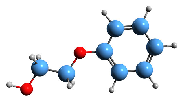  3D image of Phenoxyethanol skeletal formula - molecular chemical structure of Ethylene glycol monophenyl ether isolated on white background