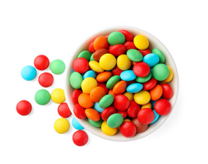 Bowl with colorful candies on white background, top view