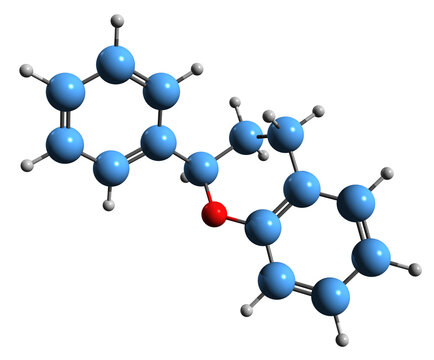  3D image of Flavan skeletal formula - molecular chemical structure of benzopyran derivative isolated on white background