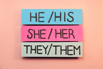 Sheets of paper with pronouns on pink background, flat lay. Gender equality