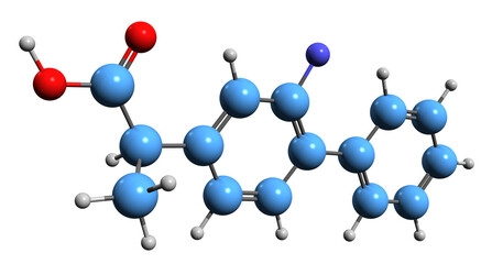  3D image of Flurbiprofen skeletal formula - molecular chemical structure of nonsteroidal anti-inflammatory drug isolated on white background
