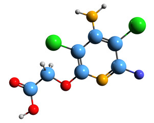  3D image of Fluroxypyr skeletal formula - molecular chemical structure of  synthetic auxin isolated on white background
