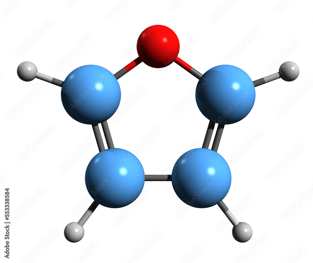 Wall mural 3d image of furan skeletal formula - molecular chemical structure of oxole isolated on white backgro