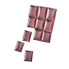 Watercolor bitter chocolate isolated on white background. Hand-drawn dark brown dessert for kitchen or cookbook. Ingredient cocoa for cooking sweet food or drink beverage. Clipart for wrapping