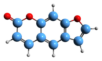 Obraz premium 3D image of Psoralen skeletal formula - molecular chemical structure of furanocoumarin isolated on white background 