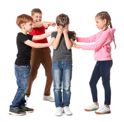 Kids bullying upset boy on white background