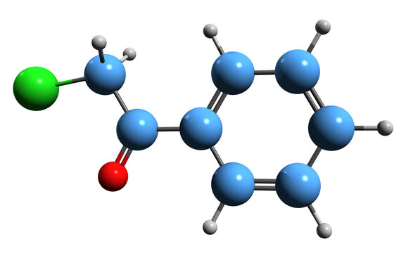  3D image of Phenacyl chloride skeletal formula - molecular chemical structure of 2-Chloro-1-phenylethan-1-one isolated on white background