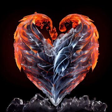 Shiny ice and fire broken heart isolated on black background. Natural precious mineral stone artistic illustration. Decorative ice and fire crystal heart poster.