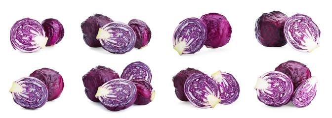 Set with fresh ripe red cabbage on white background. Banner design