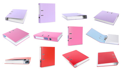 Set with different office folders on white background. Banner design