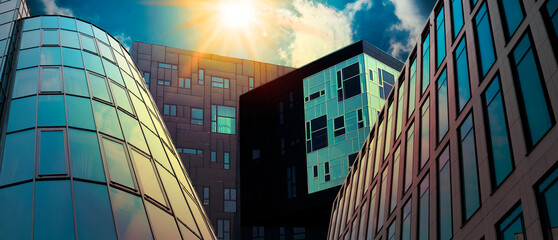 Low angle view of beautiful buildings on sunny day. Banner design