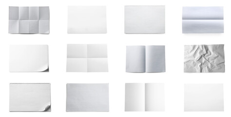 Set with different blank paper sheets on white background, top view