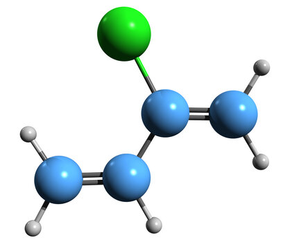  3D image of Chloroprene skeletal formula - molecular chemical structure of Chlorobutadiene isolated on white background
