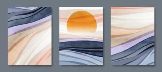 Foto op Canvas Abstract landscape art background with waves and sun in a watercolor style. Set of ink prints for decoration, print, textile, interior design, packaging, posters. © VectorART