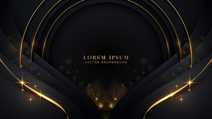 Luxury golden circle ring glowing with gold ribbon, glitter light effect and bokeh decoration on black background