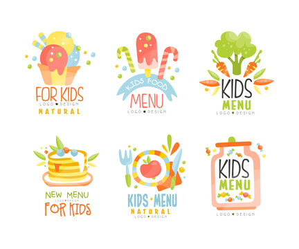 Kids Natural Menu and Organic Food Logo Original Design with Colorful Elements Vector Set