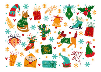 Merry Christmas, happy New Year vector icons set. Winter holiday symbols - gifts, holly, tree, letter to Santa Claus, cute animals, snowflakes, elf hats. Flat cartoon clipart for cards, posters, print