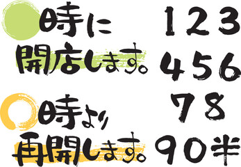 筆文字で開店時間、再開時間、数字ひと揃い