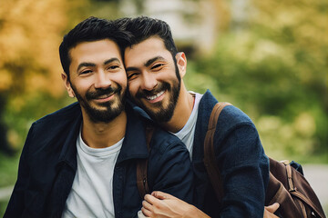 two handsome in love smiling and happy gay couple are hugging, generative ai