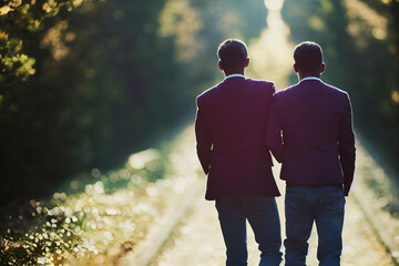 Obraz premium two gay couple seen from behind are holding hands, generative AI
