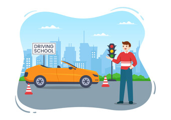 Driving School with Education Process of Car Training and Learning to Drive to Get Drivers License in Flat Cartoon Hand Drawn Templates Illustration