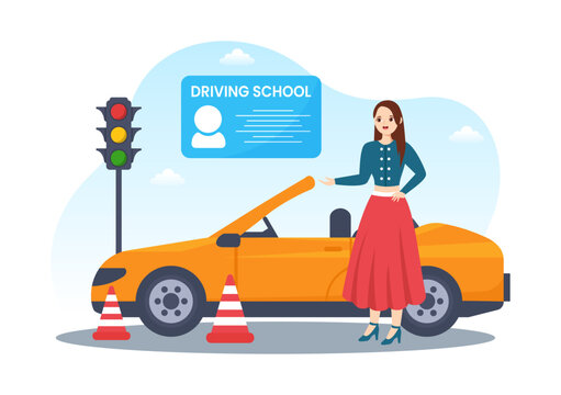 Driving School with Education Process of Car Training and Learning to Drive to Get Drivers License in Flat Cartoon Hand Drawn Templates Illustration