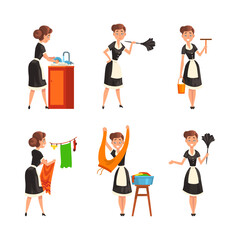 Smiling Maid or Housemaid in Black Dress and White Apron Dusting, Washing Dishes and Hanging Laundry Vector Set