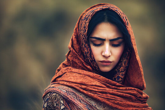sad muslim iranian woman in traditional muslim hijab, generative AI