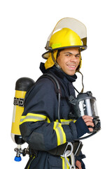 Fototapeta premium Young smiling African American fireman with respirator and air breathing apparatus on his back in protective uniform isolated on white background.