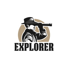 Explorer man looking through telescope