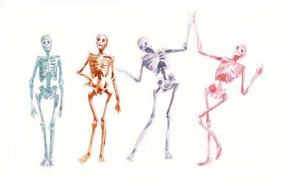 Watercolor sketches of cheerful multicolored dancing skeletons on a white background.