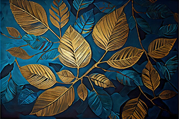 blue and gold Ginko leaves generative art 