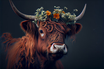 brown highland cow with flowers on it's head generative art - obrazy, fototapety, plakaty