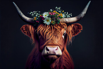 brown highland cow with flowers on it's head generative art - obrazy, fototapety, plakaty