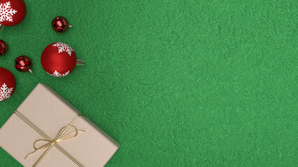 The red Christmas balls and gift box on green background  3d rendering